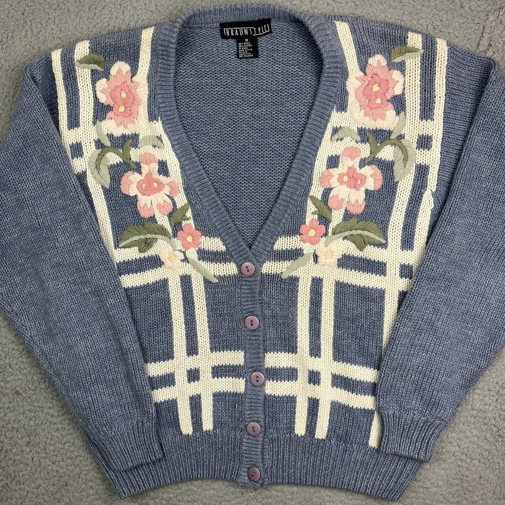 Vintage Braunstyle‎ Blue Floral Knit Cardigan Cottagecore Sweater Womens M